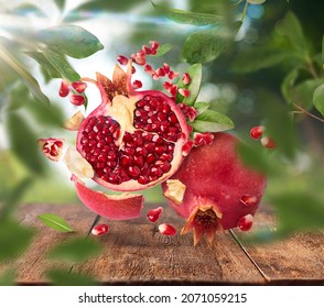 Fresh Raw Pomegranate Falling In The Air On Wooden Table Over Defocused Bokeh Background. Food Levitation Concept. Zero Gravity Fruit Conception. High Resolution Image