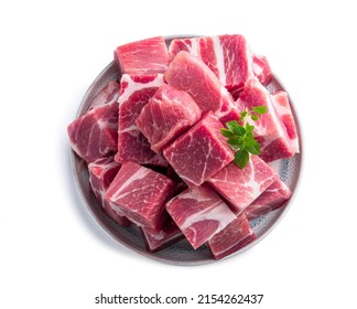 Fresh  Raw Pork In Ceramic Plate Isolated On White. Top View 