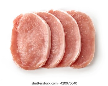 Fresh Raw Pork Chop Slices Isolated On White Background, Top View