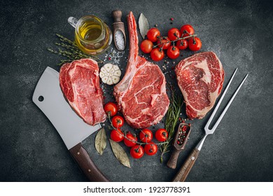 Fresh raw Prime Black Angus beef steaks. Variety of raw beef meat steaks for grilling. - Shutterstock ID 1923778391