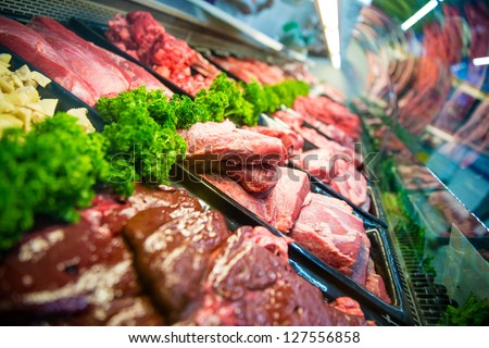 Fresh raw red meat at the butcher