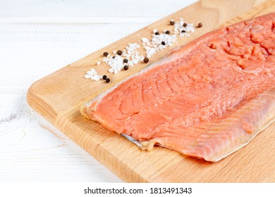 Fresh Raw Salmon Fille. Red Fish With Salt And Pepper. Cooking Ingredients.