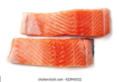 Fresh Raw Salmon Fillet Isolated On White Background, Top View