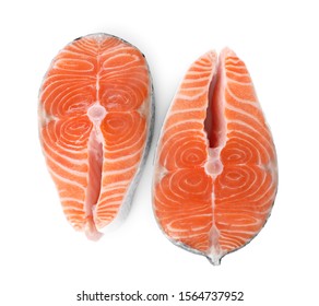 Fresh Raw Salmon On White Background, Top View. Fish Delicacy