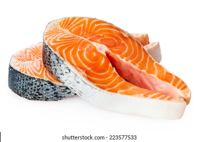 Fresh Raw Salmon Red Fish Steak isolated on a White Background 