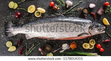 Fresh raw salmon red fish with spices, lemon, pepper, rosemary on dark stone background. Creative layout made of fish, top view, flat lay