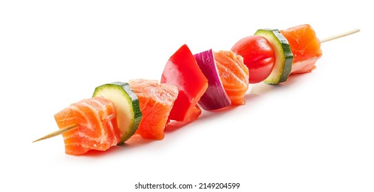 Fresh Raw Salmon And Vegetable Skewer Isolated On White Background