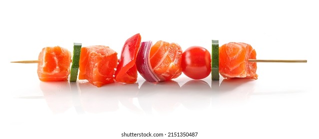 Fresh Raw Salmon And Vegetable Skewer Isolated On White Background