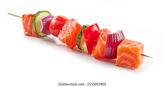 Fresh Raw Salmon And Vegetable Skewer Isolated On White Background