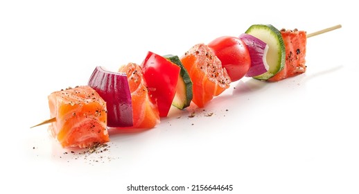 Fresh Raw Salmon And Vegetable Skewer Isolated On White Background