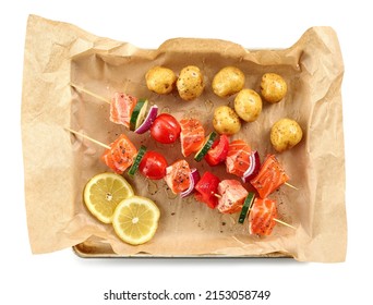 Fresh Raw Salmon And Vegetable Skewers And Potatoes On Oven Pan Isolated On White Background, Top View