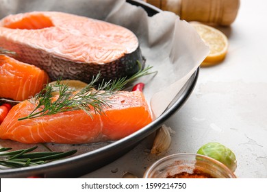 Fresh Raw Salmon In Wok, Closeup