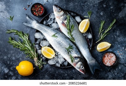 Fresh raw seabass fish on black stone background with spices, herbs, lemon and salt. Culinary seafood background with ingredients for cooking. Top view