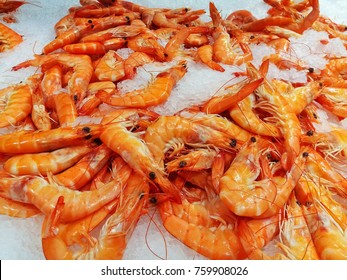 Fresh, Raw Shrimp On Ice