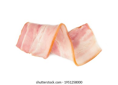 Fresh Raw Slice Bacon Isolated On White Background. Roll Of Bacon. Top View