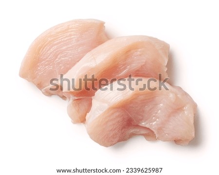 fresh raw sliced chicken fillet meat isolated on white background, top view