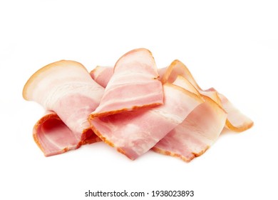 Fresh raw slices bacon isolated on white background. Top view