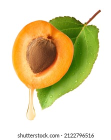 Fresh raw sweet Apricot with green leaves isolated on white background. Apricot oil dripping from the seed. High resolution collection - Shutterstock ID 2122796516