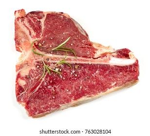 Fresh Raw T Bone Steak Isolated On White Background, Top View