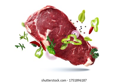 Fresh Raw Tasty Meat Steak Cow Pork Fly Vegetables Health Food