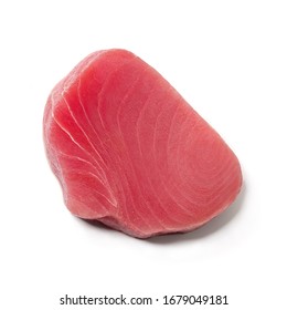 Fresh raw tuna steak isolated on white background, top view