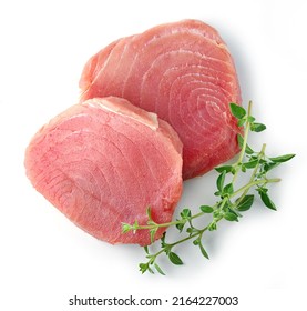 Fresh Raw Tuna Steak Isolated On White Background, Top View