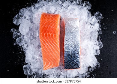 Fresh Raw Two Salmon Fillet On Ice