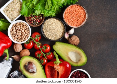 Fresh, Raw Vegetables On The Kitchen Table. Health Food, Clean Food, Choice: Fruits, Vegetables, Seeds, Superfoods, Cereals, Leafy Vegetables. Ingredients For Cooking. Top View.