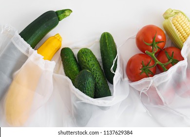 Fresh Raw Vegetables In Textile Bags, Zero Waste Concept