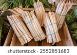 Fresh raw white and green asparagus organic vegetables for sale in local farmers market in Souillac, Dordogne, France