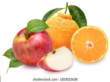 Fresh Red Apple And Dekopon Orange Or Sumo Mandarin Tangerine With Leaves Isolated On White Background, With Clipping Path.