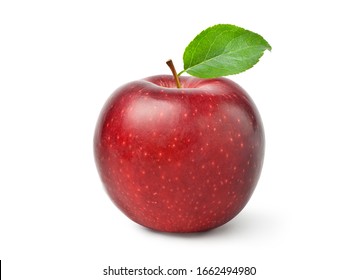 Fresh red Apple fruit with green leaf isolated on white background with clipping path.