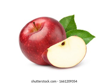 Fresh red Apple fruit with sliced and green leaves isolated on white background.