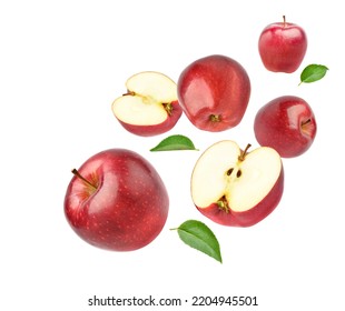Fresh red apple with half cut and leaves  levitate isolated on white background, Full depth, Clipping path - Shutterstock ID 2204945501