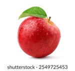 Fresh red apple with leaf and water droplets isolated on white background. Clipping path.