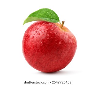 Fresh red apple with leaf and water droplets isolated on white background. Clipping path.