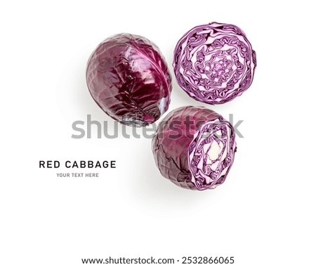 Fresh red cabbage composition isolated on white background. Healthy eating vegan vegetarian food photography. Creative layout. Autumn vegetables. Flat lay, top view. Design element