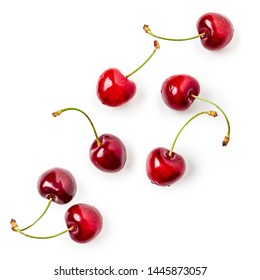 Fresh red cherry fruit composition isolated on white background. Healthy eating and dieting concept. Summer fruits arrangement. Top view, flat lay, design elements collection