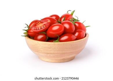 Fresh red cherry tomatoes with half sliced in wooden bowl isolated on white background. 