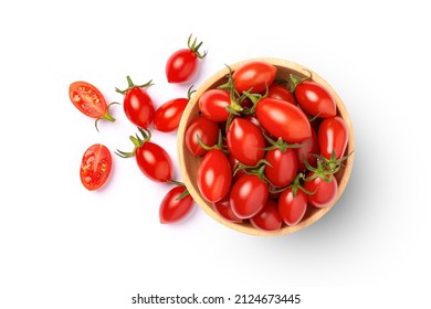 Fresh red cherry tomatoes with half sliced in wooden bowl isolated on white background. Topview. Flat lay.
