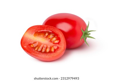 Fresh red cherry tomatoes with half sliced isolated on white background with clipping path.