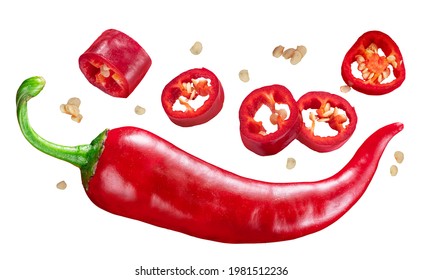 Fresh red chilli pepper and cross sections of chilli pepper with seeds floating in the air.  White background. File contains clipping paths. - Shutterstock ID 1981512236