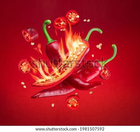 Fresh red chilli pepper in fire as a symbol of burning feeling of spicy food and spices. Red background.