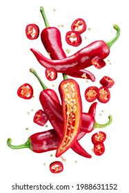 Fresh Red Chilli Peppers And Pepper Slices Floating In The Air. File Contains Clipping Paths.