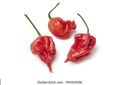 Fresh red hot scorpion chili peppers white background