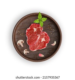 Fresh red meat beaf stake with mushrooms, pepper, garlic and basil leaves on the cutting board. Isolated on the white background. Top table view. - Shutterstock ID 2157935367