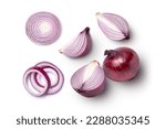 Fresh red onion and cut in half sliced isolated on white background, top view, flat lay.