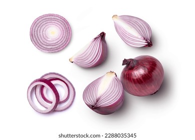 Fresh red onion and cut in half sliced isolated on white background, top view, flat lay.