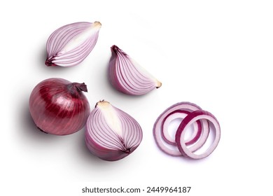 Fresh red onion and cut in half sliced isolated on white background, top view, flat lay. 
