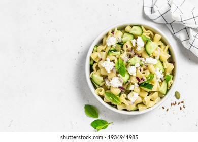 Fresh Red Onion Feta Cucumber Pasta Salad. Space For Text, Top View.